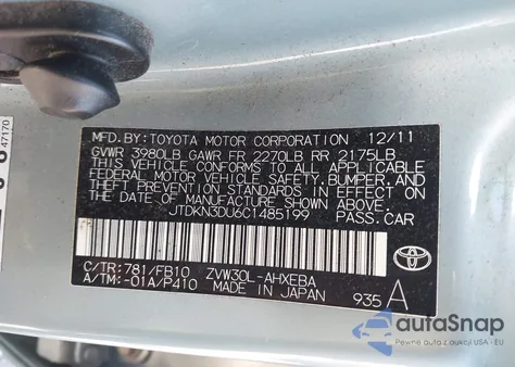2012 Toyota Prius Two z USA, uszkodzony, nr VIN JTDKN3DU6C1485199